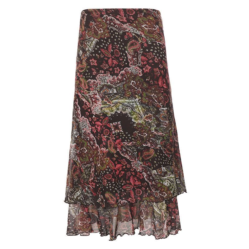 Boho Paisley Print Mesh Midi Skirt with Ruffled Hem
