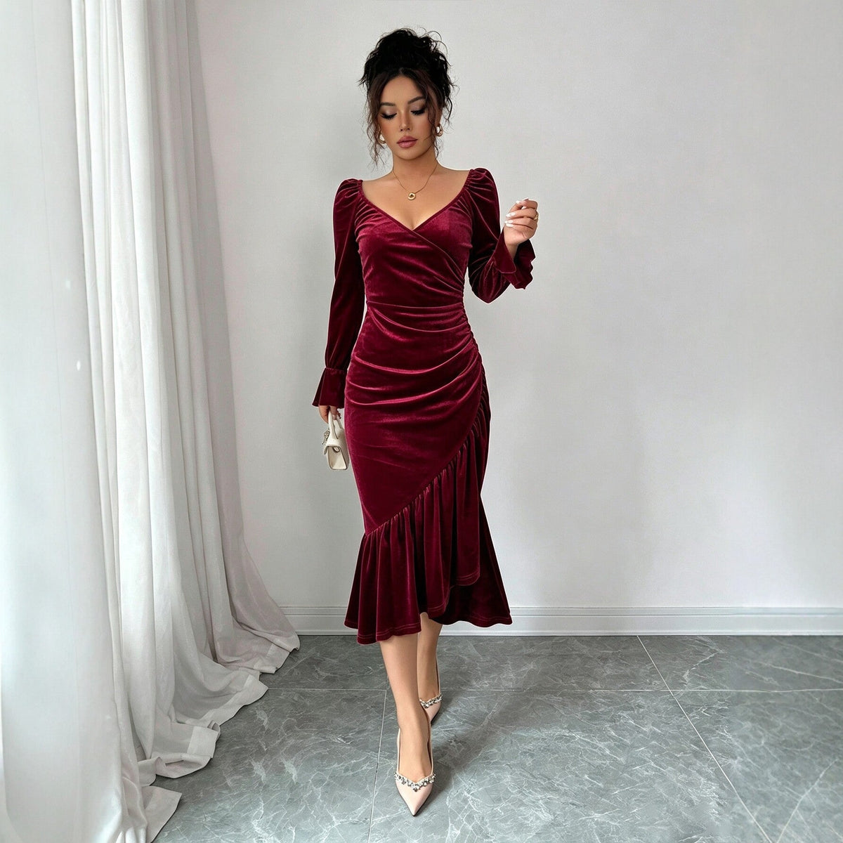Burgundy Velvet V-Neck Fishtail Midi Dress