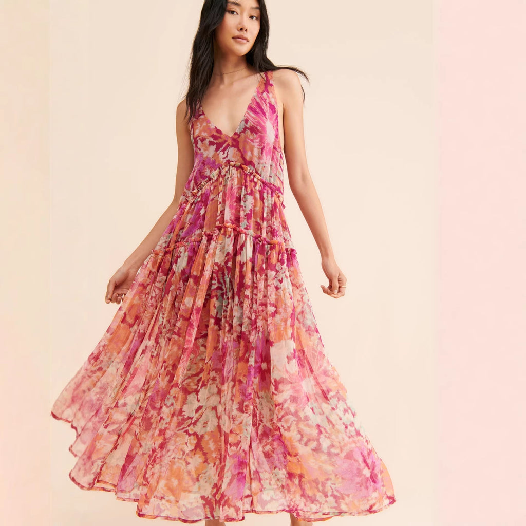 Women's Bohemian Floral Maxi Dress | Tiered Ruffle V-Neck Sundress Vicsxox