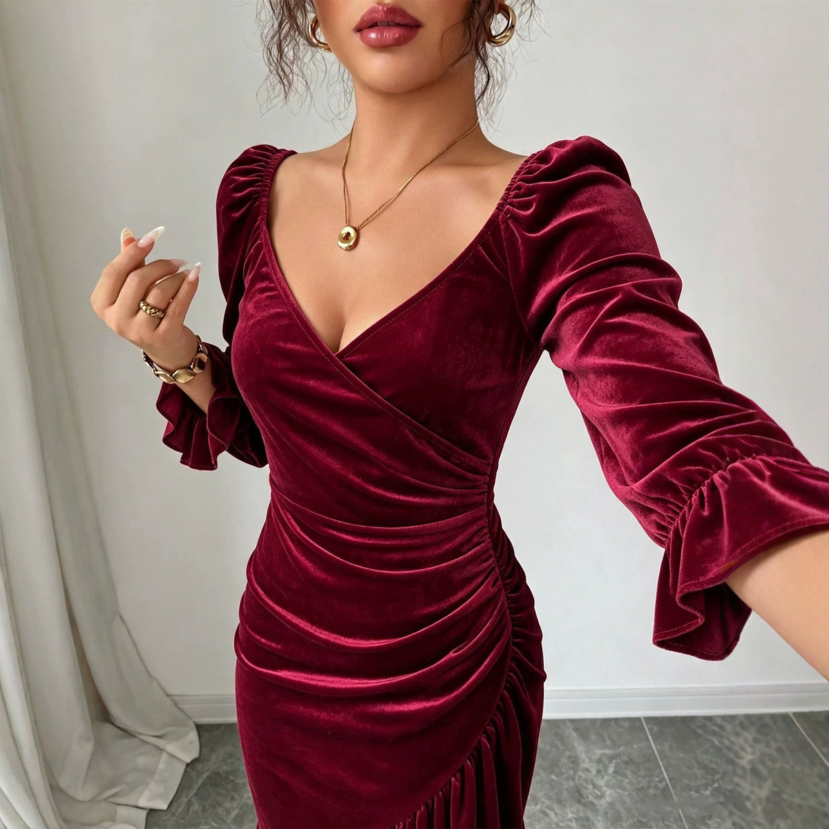 Burgundy Velvet V-Neck Fishtail Midi Dress