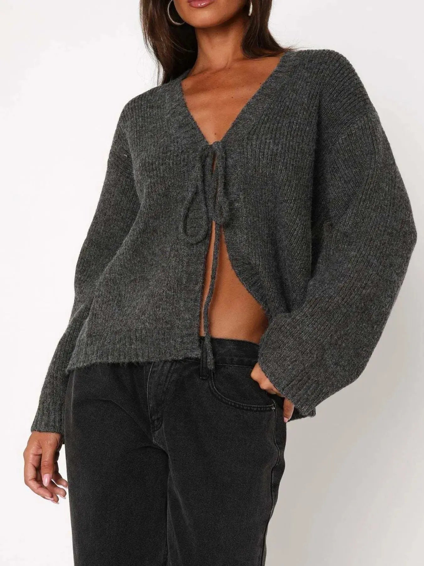 Open Front Tied Sweater Cardigan - Boho-Luxe Layering Essential - Vicsxox