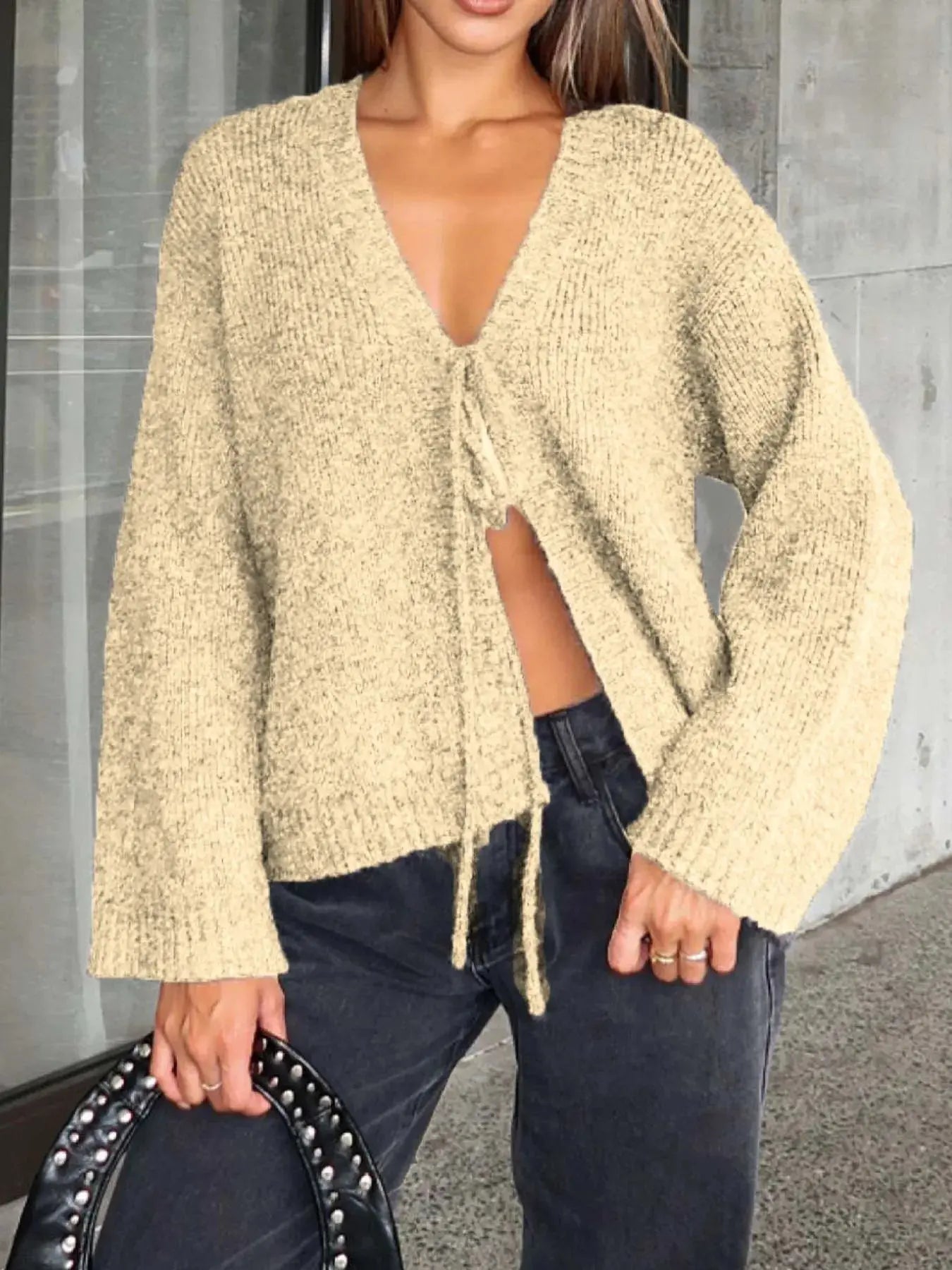 Open Front Tied Sweater Cardigan – Boho-Luxe Layering Essential Vicsxox.com