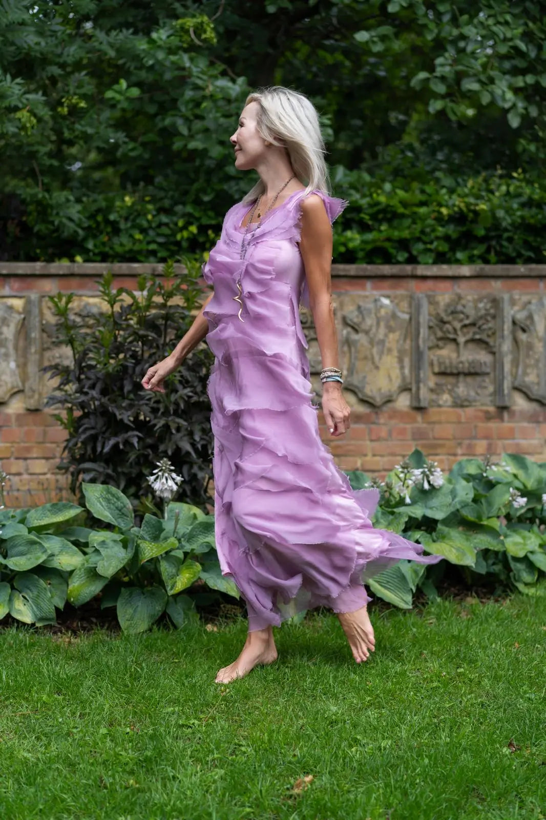 Boho Flowy Maxi Dress – Silky Tiered Ruffle Vacation Dress in Lavender Vicsxox