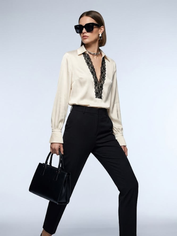 BYMANYC Soho Ivory Satin Blouse with Black Lace