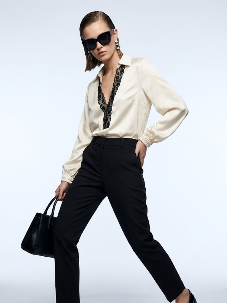 BYMANYC Soho Ivory Satin Blouse with Black Lace