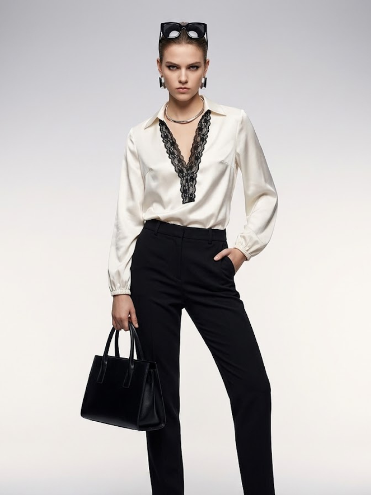 BYMANYC Soho Ivory Satin Blouse with Black Lace
