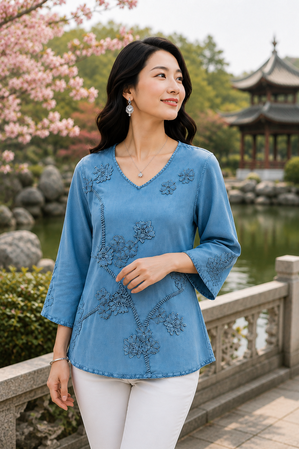 A woman wearing a light blue embroidered blouse with white pants, standing on a stone bridge in a garden with cherry blossoms and a traditional pavilion in the background. Vicsxox.com