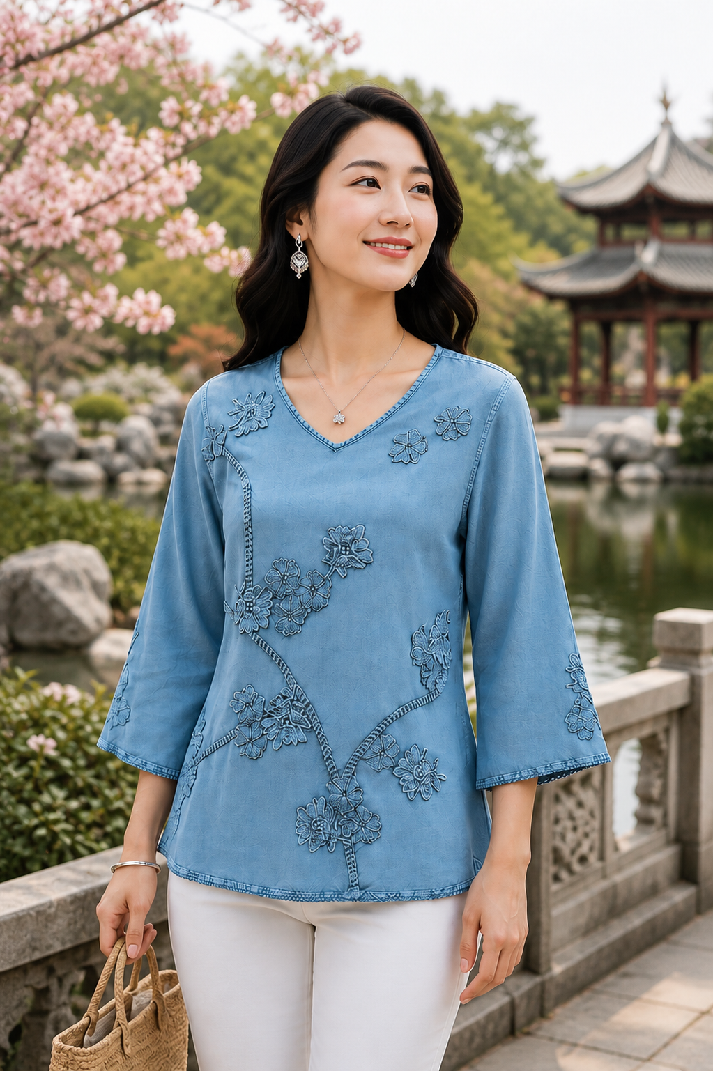 A woman wearing a light blue embroidered blouse with three-quarter sleeves and white pants, standing outdoors near a pond and traditional pavilion. Vicsxox.com