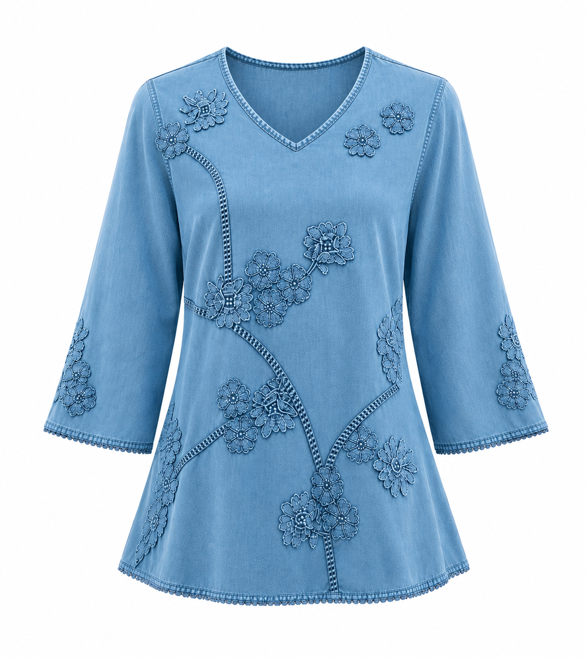 A light blue denim-style top with 3/4 sleeves, a V-neckline, and intricate floral embroidery with contrasting whipstitch detailing, shown against a plain white background. Vicsxox.com