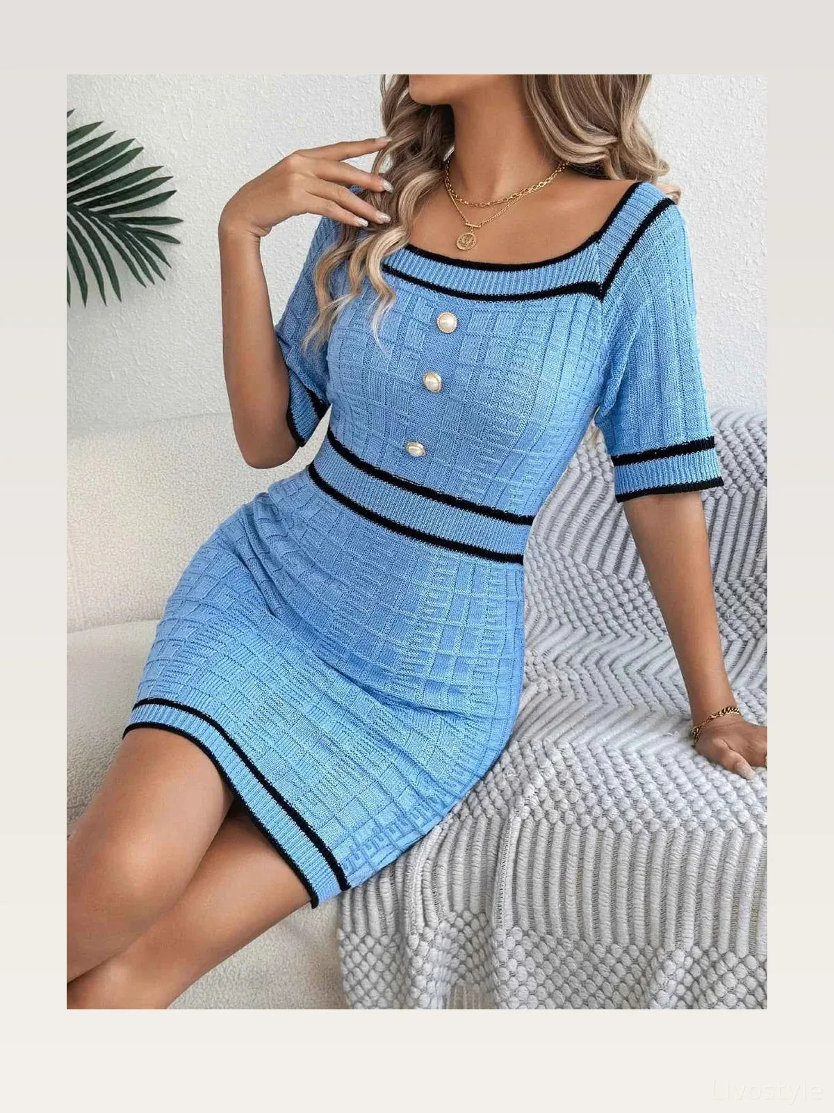Pearl Button Short Sleeve Sweater Dress | Fitted Knit Mini Dress Vicsxox