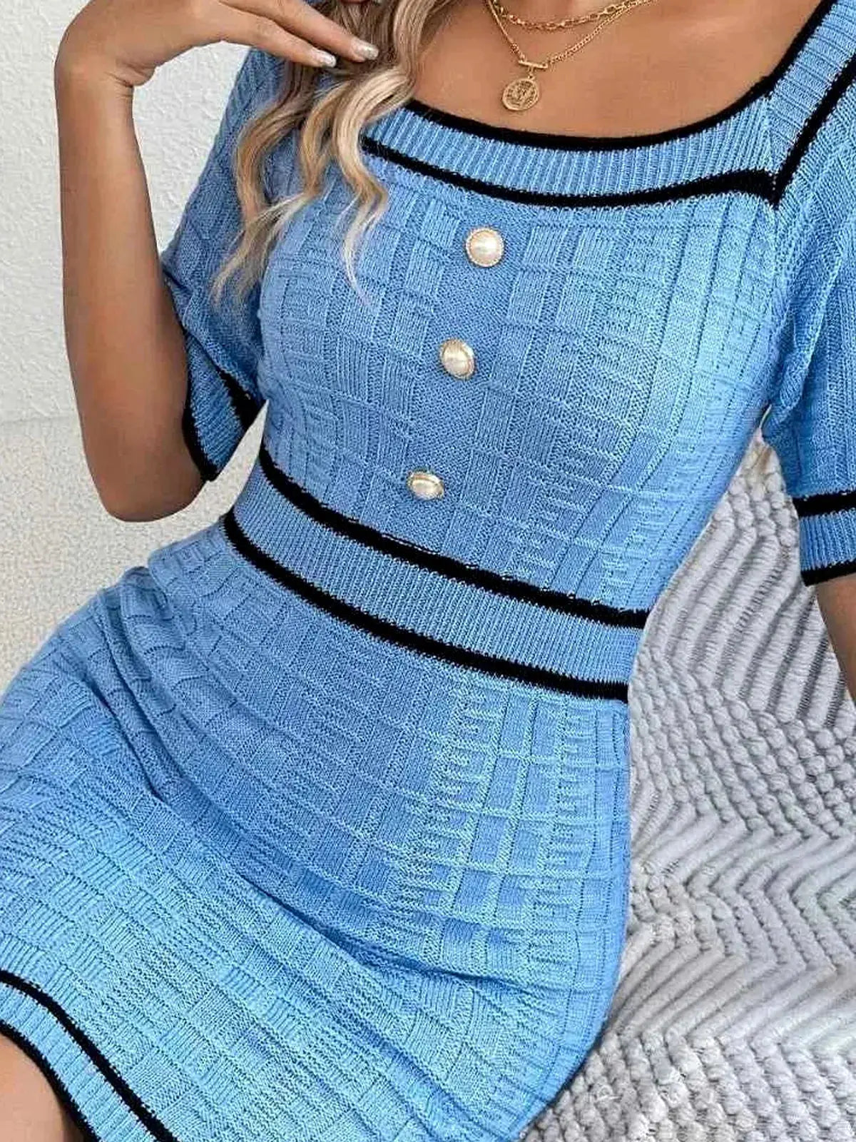 Pearl Button Short Sleeve Sweater Dress | Fitted Knit Mini Dress Vicsxox