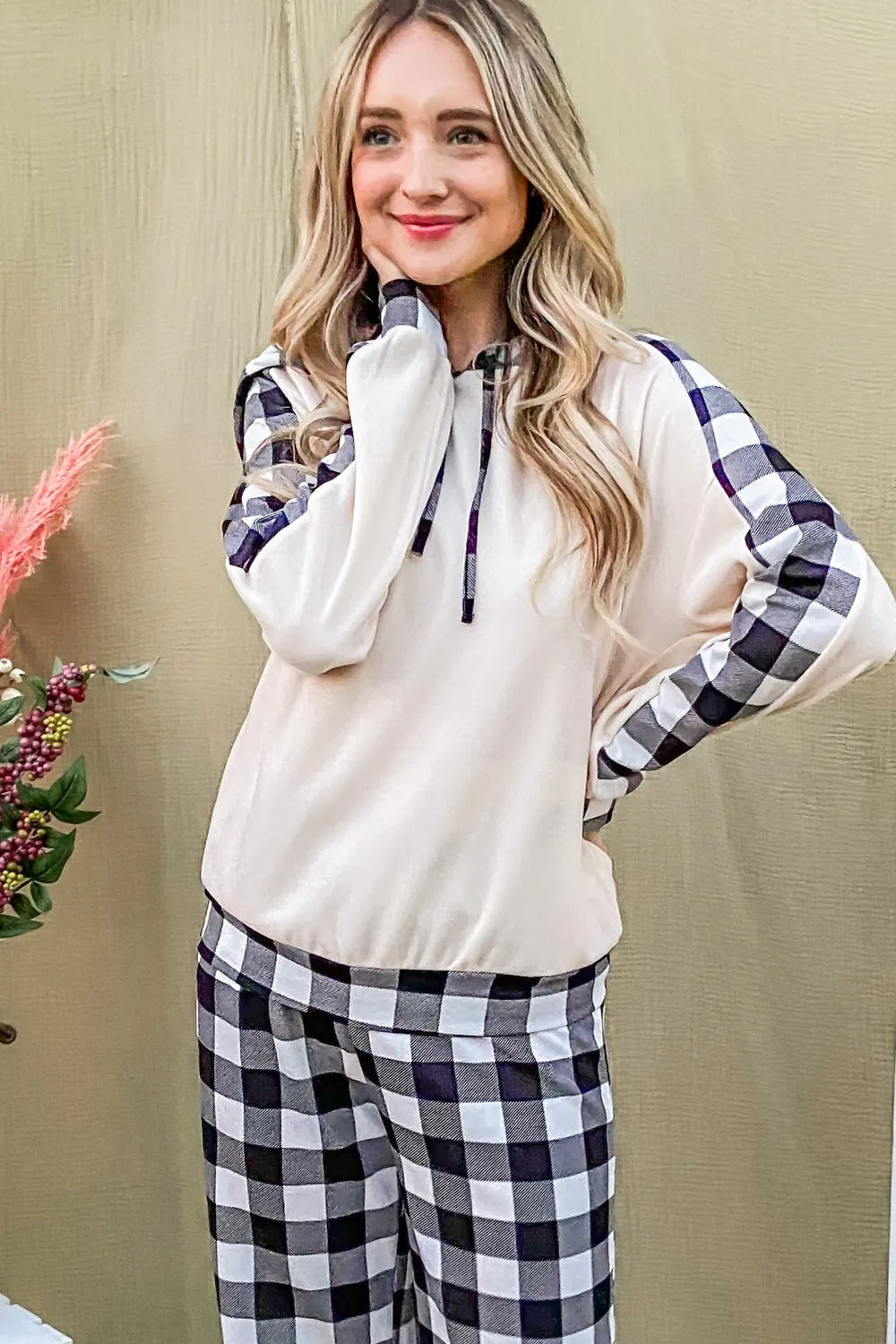 Plaid Pants & Drawstring Hoodie Lounge Set Vicsxox.com