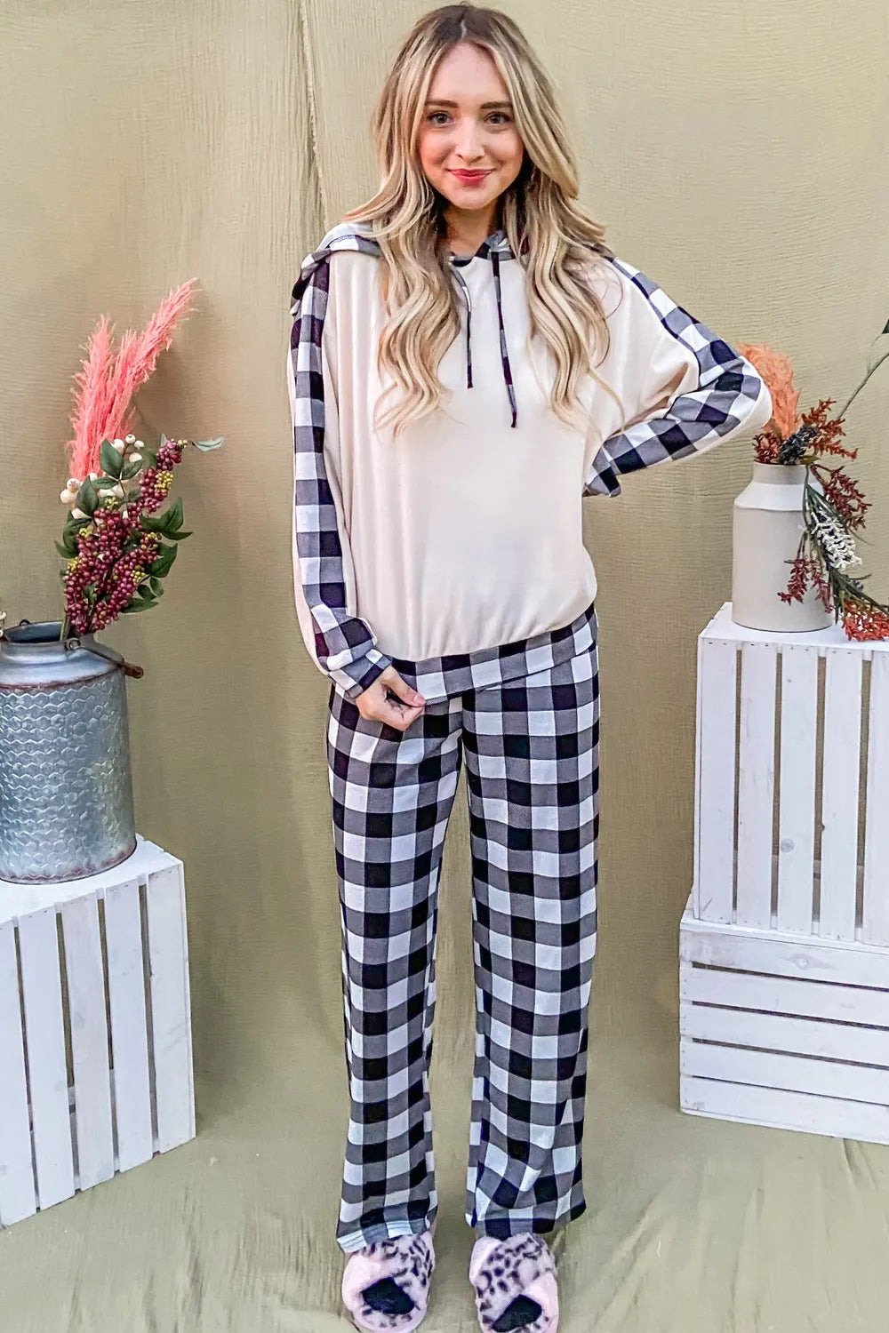 Plaid Pants & Drawstring Hoodie Lounge Set Vicsxox.com