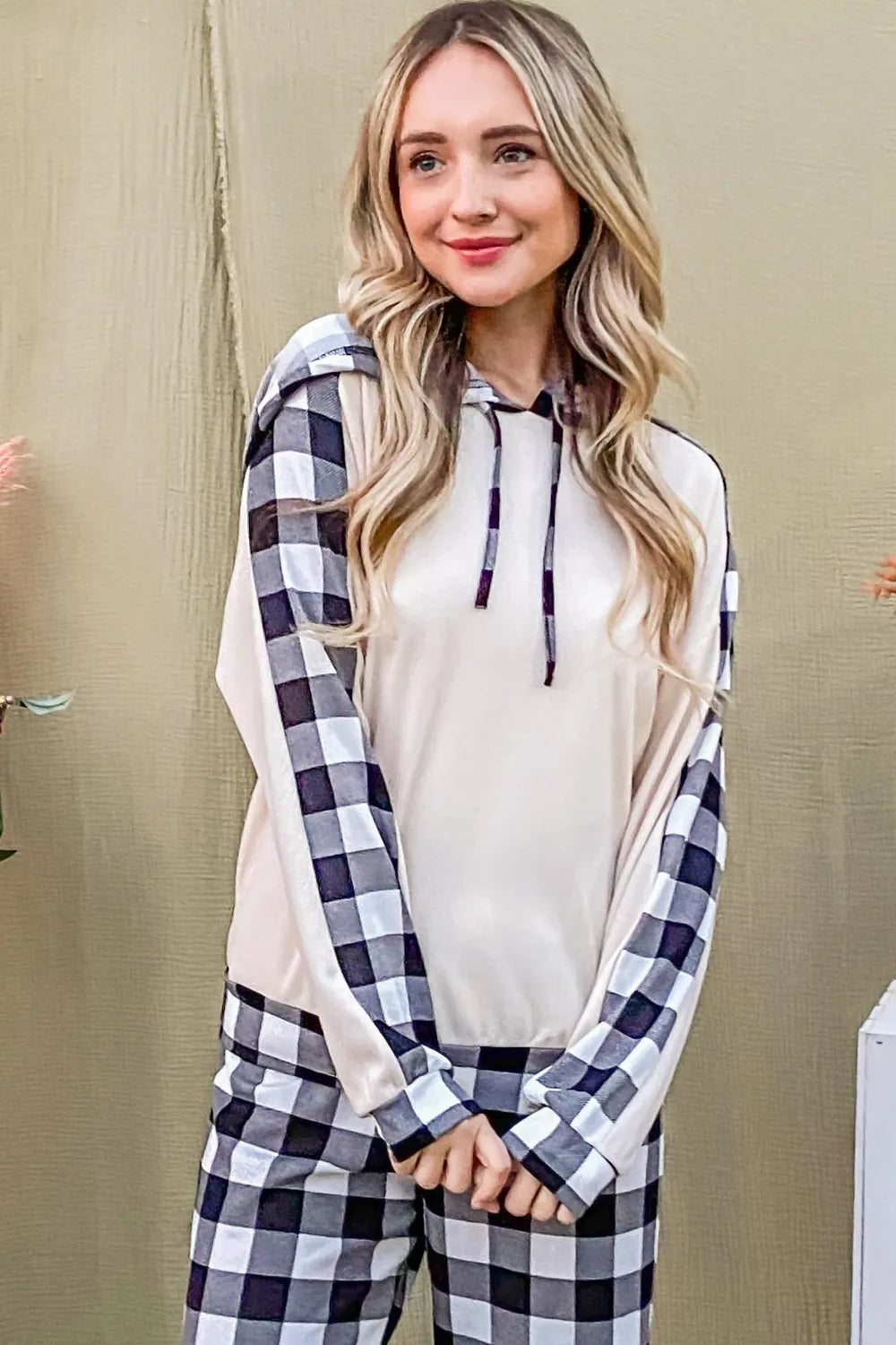 Plaid Pants & Drawstring Hoodie Lounge Set Vicsxox.com