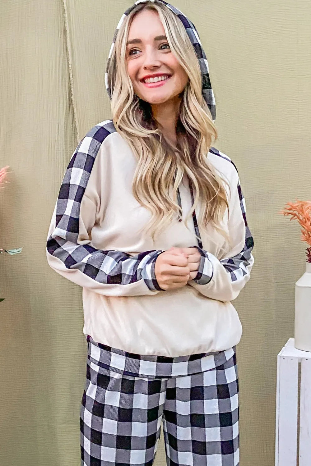 Plaid Pants & Drawstring Hoodie Lounge Set Vicsxox.com