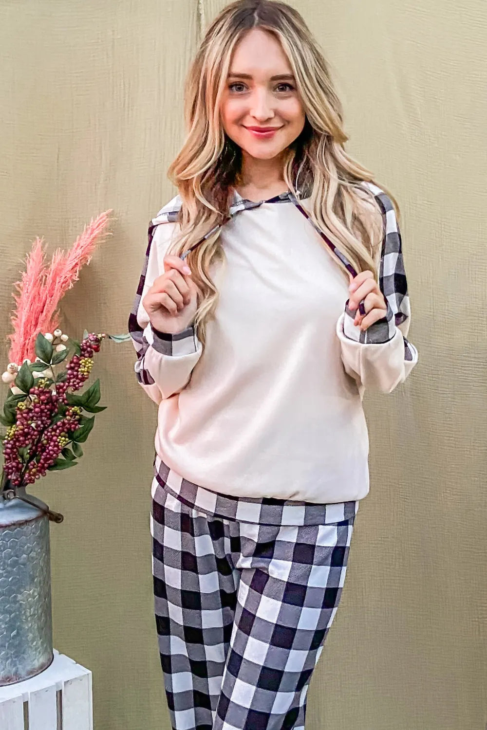 Plaid Pants & Drawstring Hoodie Lounge Set Vicsxox.com