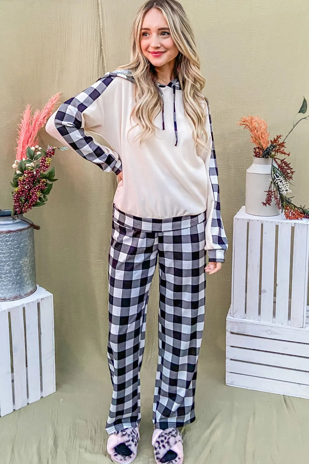 Plaid Pants & Drawstring Hoodie Lounge Set Vicsxox.com