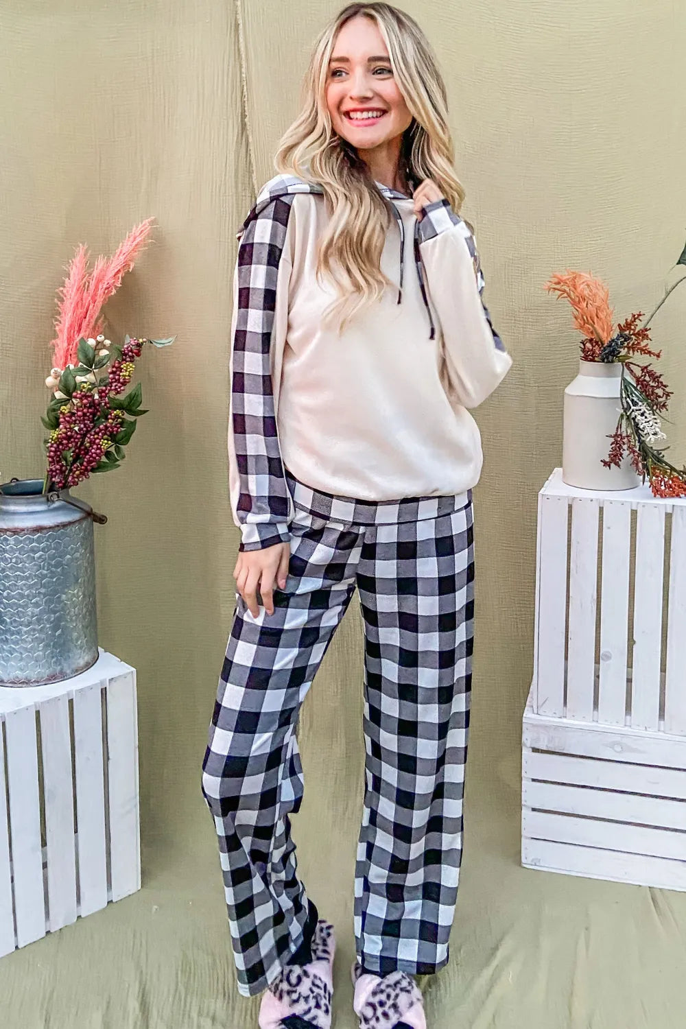 Plaid Pants & Drawstring Hoodie Lounge Set Vicsxox.com