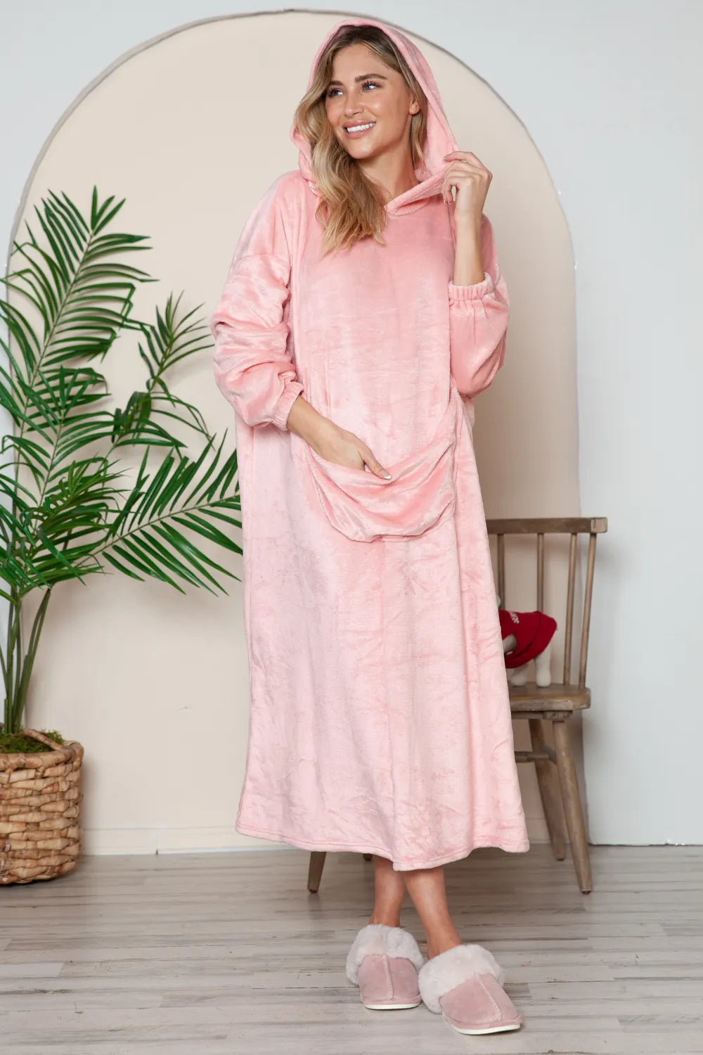 Pocketed Hooded Midi Lounge Dress Vicsxox.com