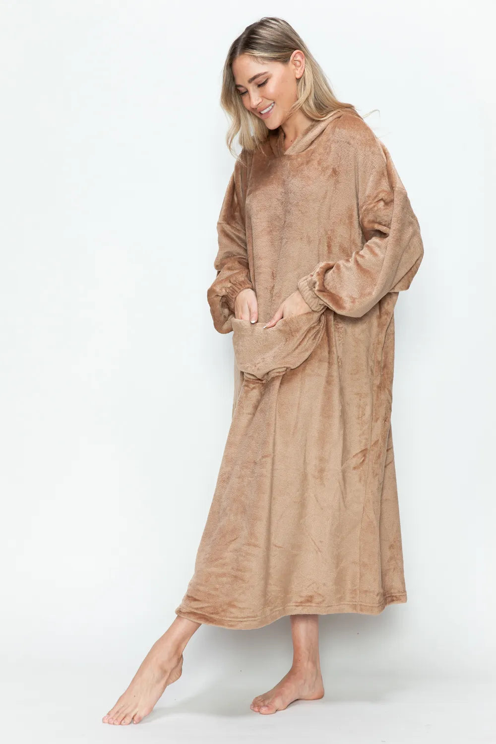 Pocketed Hooded Midi Lounge Dress Vicsxox.com