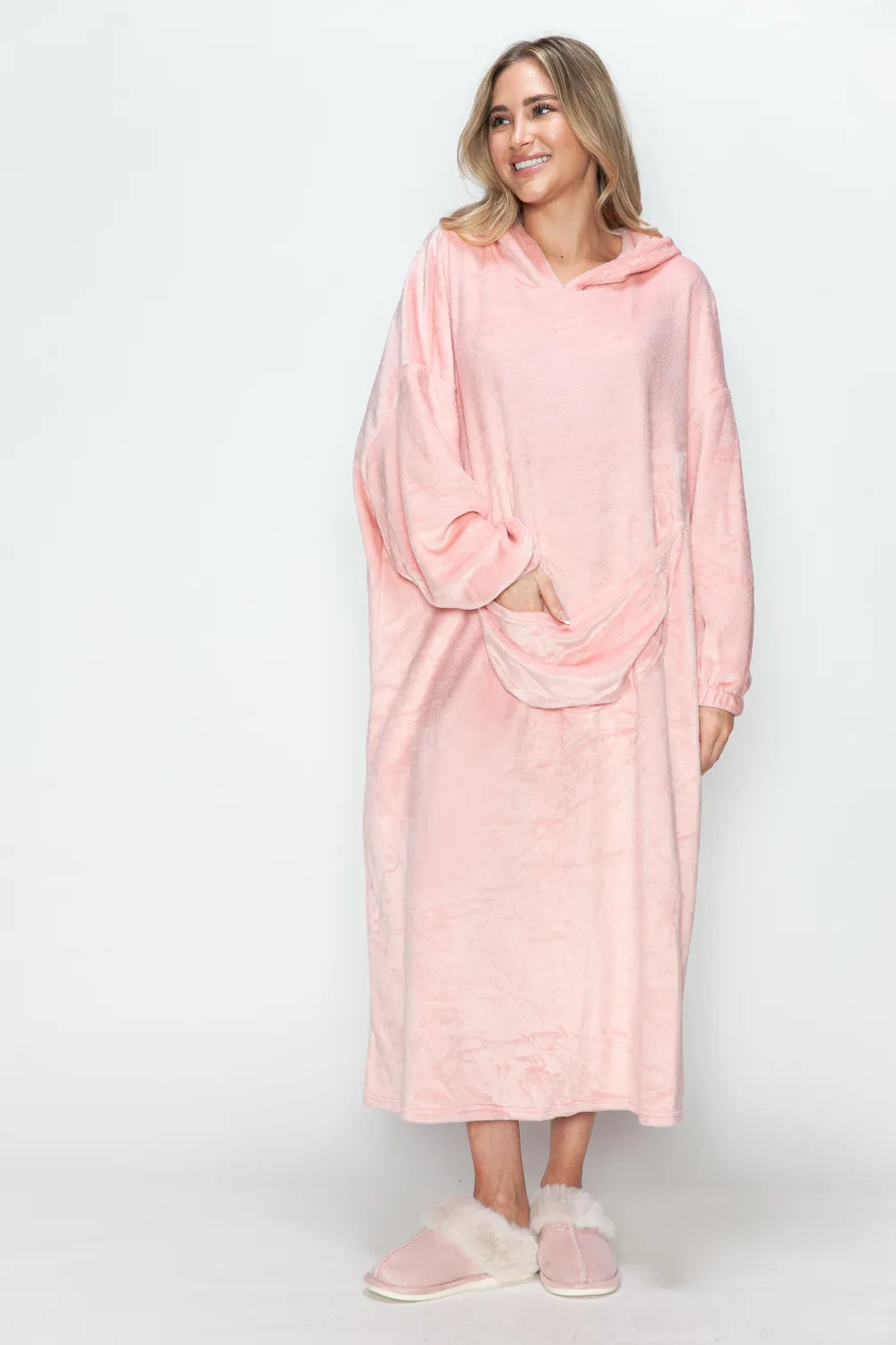 Pocketed Hooded Midi Lounge Dress Vicsxox.com
