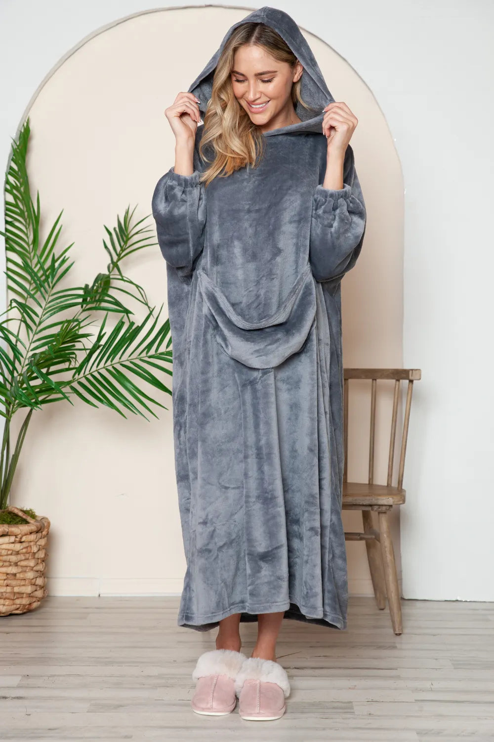 Pocketed Hooded Midi Lounge Dress Vicsxox.com