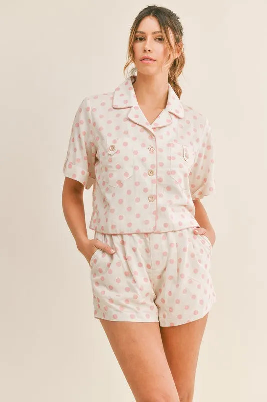 Polka Dot Collared Crop Top & Shorts Lounge Set Vicsxox