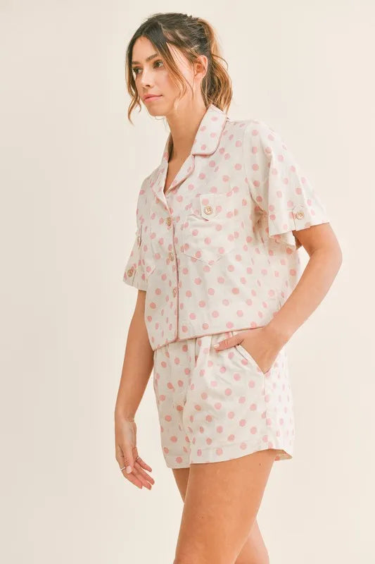 Polka Dot Collared Crop Top & Shorts Lounge Set Vicsxox