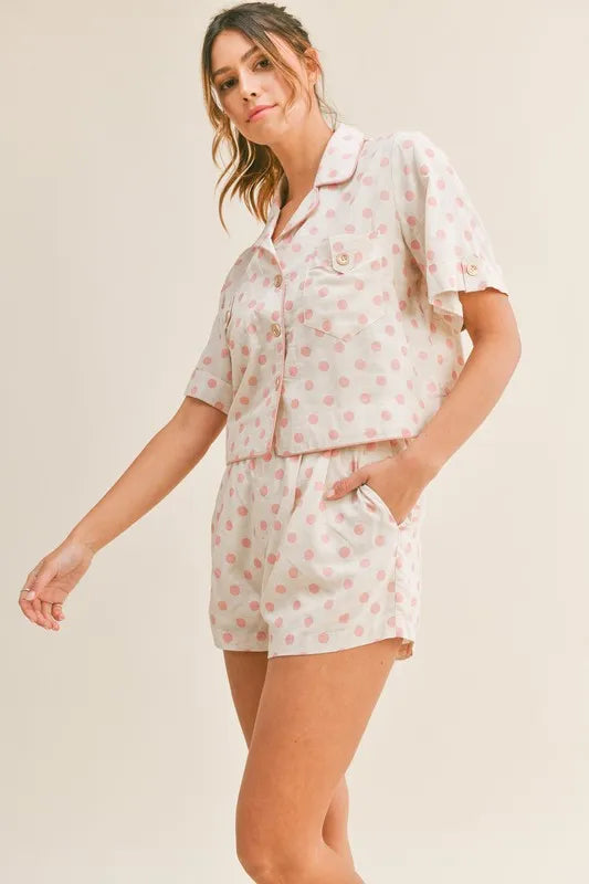 Polka Dot Collared Crop Top & Shorts Lounge Set Vicsxox