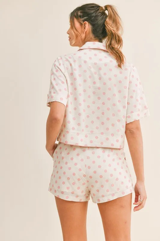 Polka Dot Collared Crop Top & Shorts Lounge Set Vicsxox