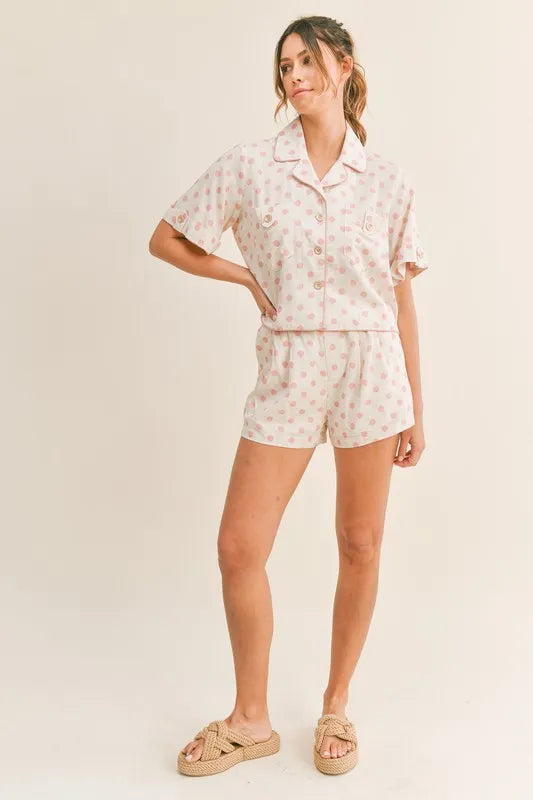 Polka Dot Collared Crop Top & Shorts Lounge Set Vicsxox