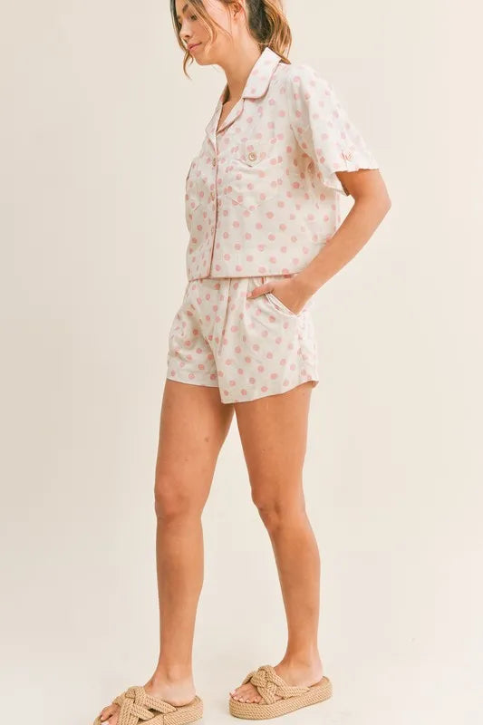 Polka Dot Collared Crop Top & Shorts Lounge Set Vicsxox