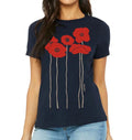 Women's navy blue relaxed fit long sleeve tee featuring Marushka original Poppies artisan screen print — five bold red poppies on long stems, ladies fit, 100% combed ring-spun cotton