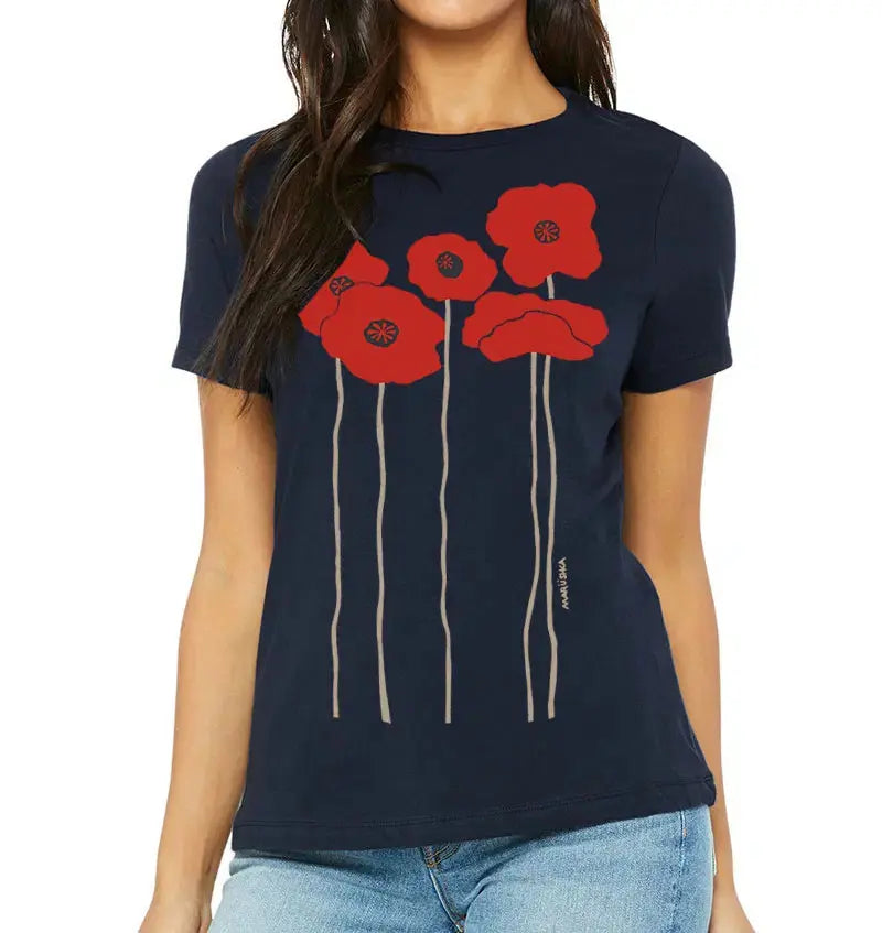 Women's navy blue relaxed fit long sleeve tee featuring Marushka original Poppies artisan screen print — five bold red poppies on long stems, ladies fit, 100% combed ring-spun cotton