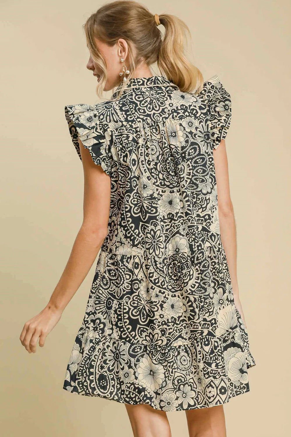 Printed Ruffle Cap Sleeve Babydoll Dress Vicsxox.com