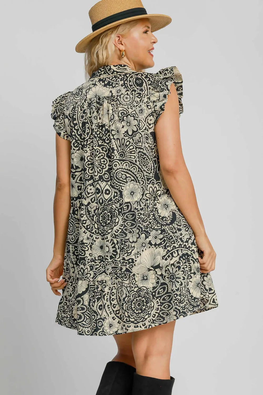 Printed Ruffle Cap Sleeve Babydoll Dress Vicsxox.com