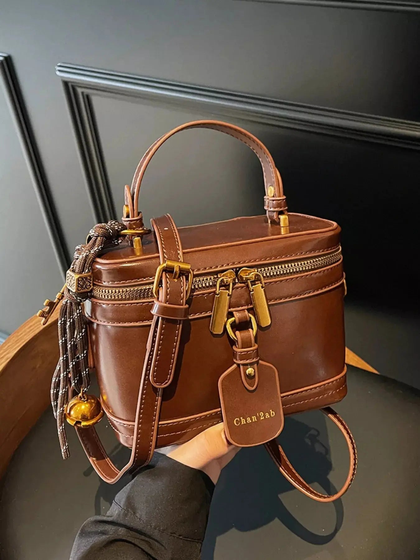Retro Boxy Vanity Crossbody Bag with Tassel Charm & Top Handle Vicsxox.com