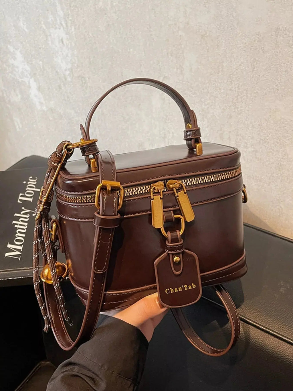 Retro Boxy Vanity Crossbody Bag with Tassel Charm & Top Handle Vicsxox.com