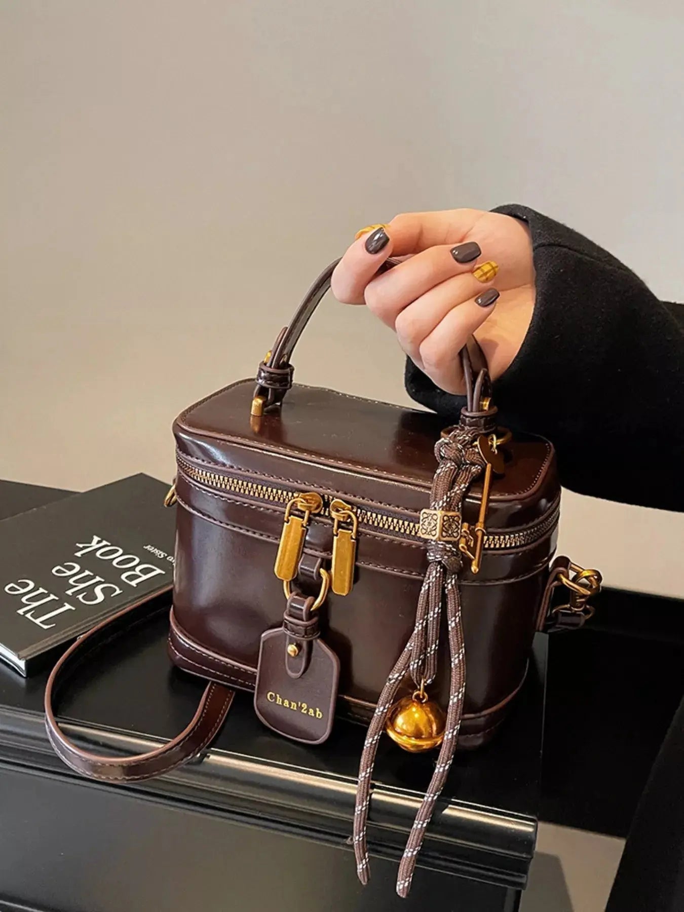Retro Boxy Vanity Crossbody Bag with Tassel Charm & Top Handle Vicsxox.com