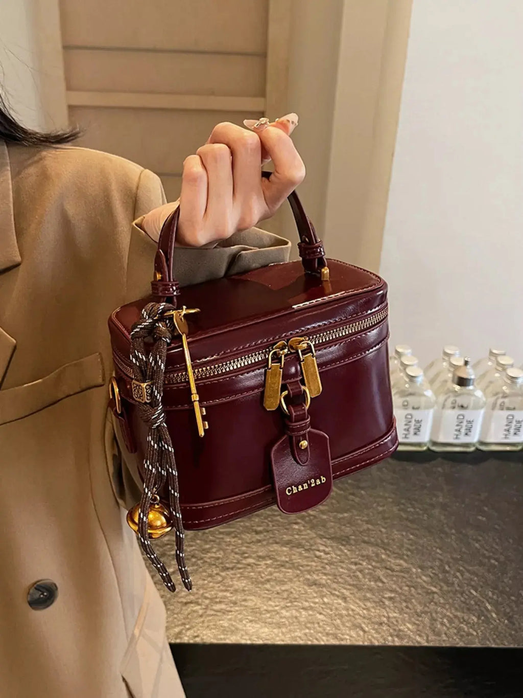 Retro Boxy Vanity Crossbody Bag with Tassel Charm & Top Handle Vicsxox.com