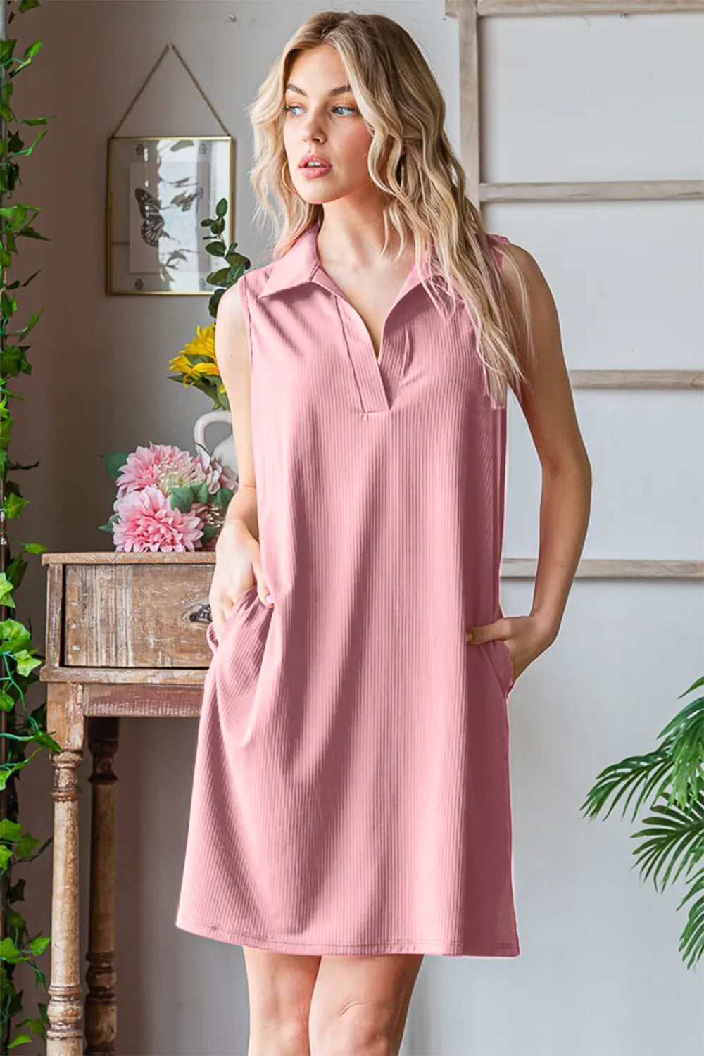 Ribbed Johnny Collar Sleeveless Dress Vicsxox.com