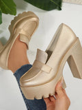 Round Toe Platform Block Heel Pumps Vicsxox.com