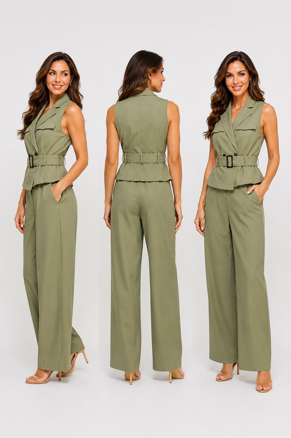 Rubienn Olive Belted Wide-Leg Jumpsuit