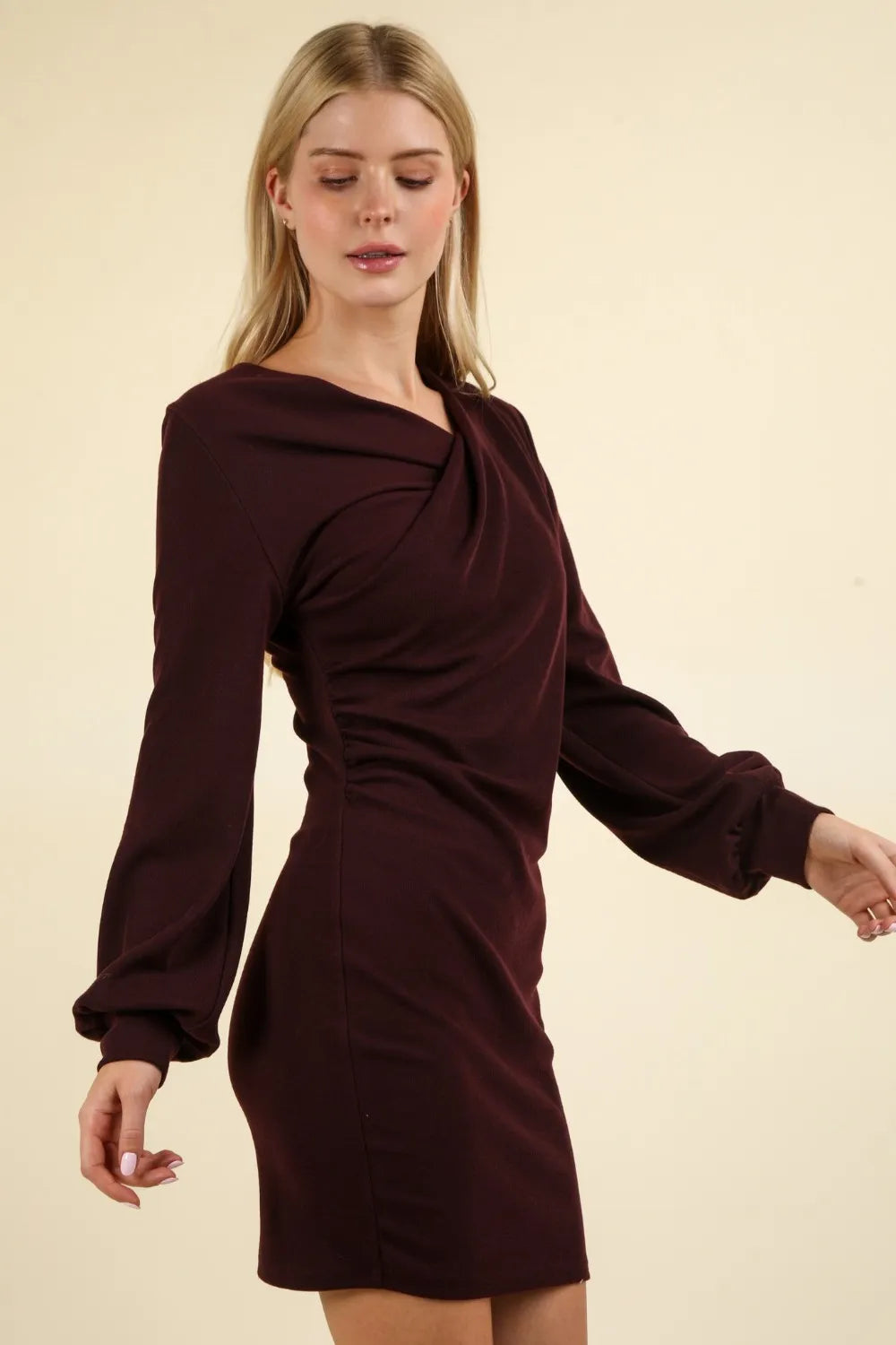 Ruched Asymmetric Hem Bodycon Mini Dress Vicsxox.com