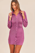 Ruched Button-Down Shoulder Pad Mini Shirt Dress Vicsxox.com