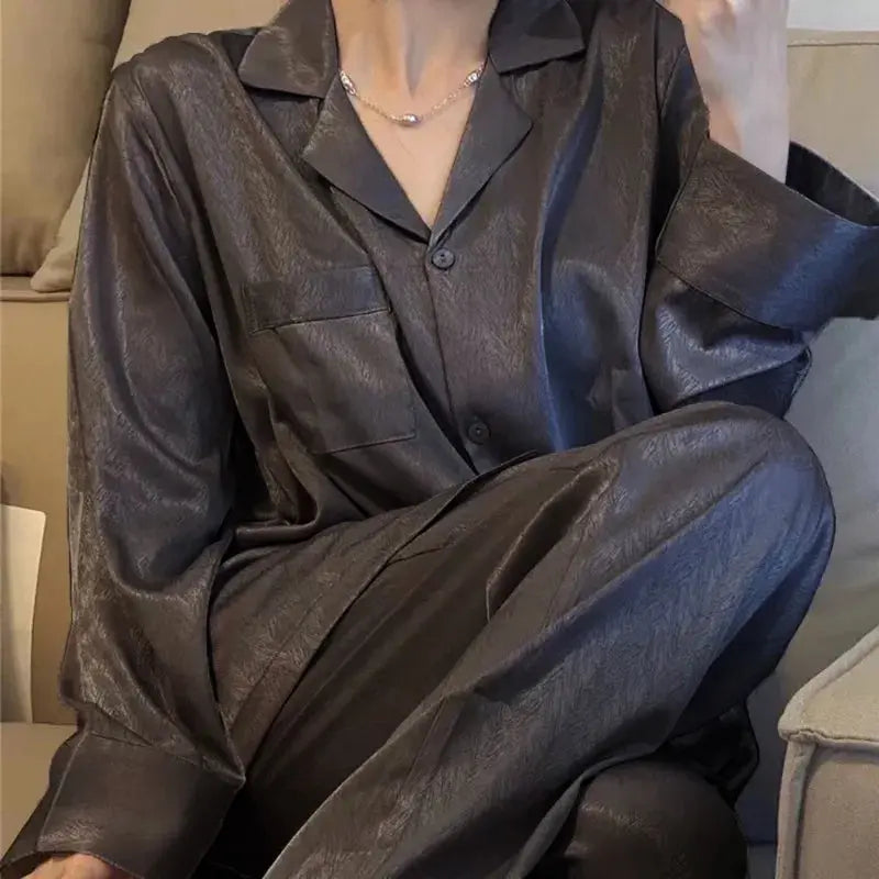 High Quality Ice Silk Light Luxury Pajamas Women's Pajama Spring and Autumn Style Long Sleeve Home Set Satin Nightwear Sleepwear Vicsxox