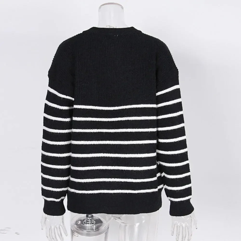 Women's Striped Half-Zip Knit Sweater with Ring Pull