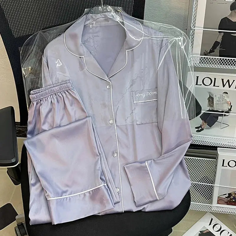 High Quality Ice Silk Light Luxury Pajamas Women's Pajama Spring and Autumn Style Long Sleeve Home Set Satin Nightwear Sleepwear Vicsxox