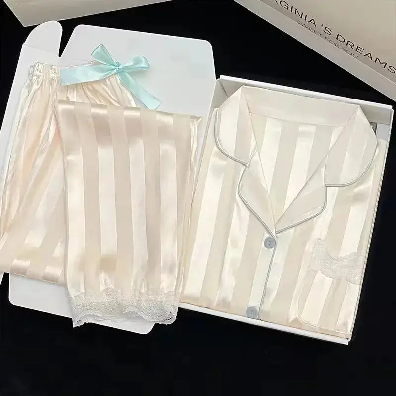 High Quality Ice Silk Light Luxury Pajamas Women's Pajama Spring and Autumn Style Long Sleeve Home Set Satin Nightwear Sleepwear Vicsxox