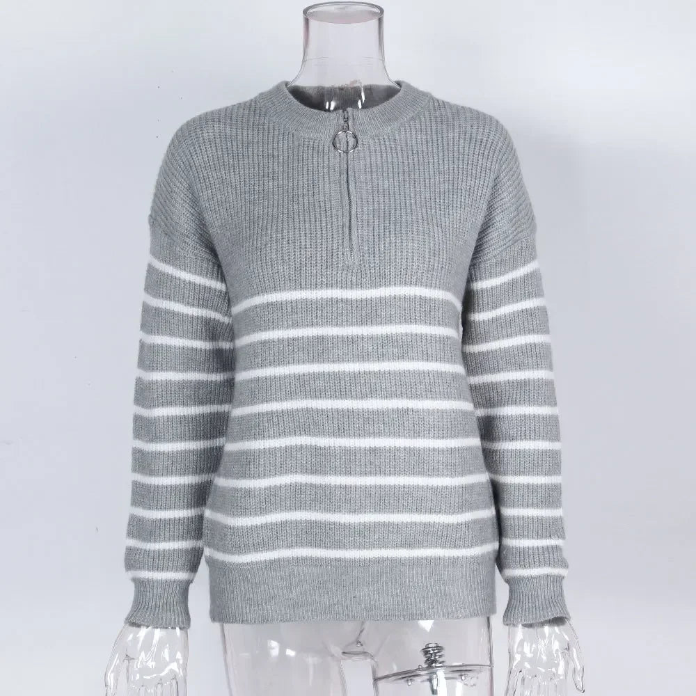 Women's Striped Half-Zip Knit Sweater with Ring Pull